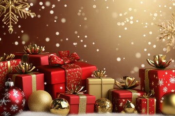 Luxurious 3D Christmas banner with red and gold gift boxes, snowflakes, and shiny golden ornaments