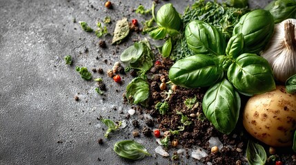 Food waste near basil leaves on gray background representing sustainable awareness, composting, and food issues