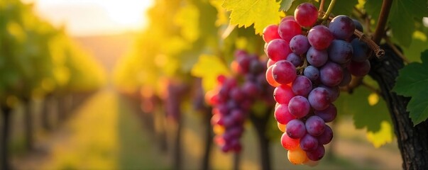 Sunlit Autumn Grapes Hanging Heavy on the Vine, Ready for Harvest in a Picturesque Vineyard