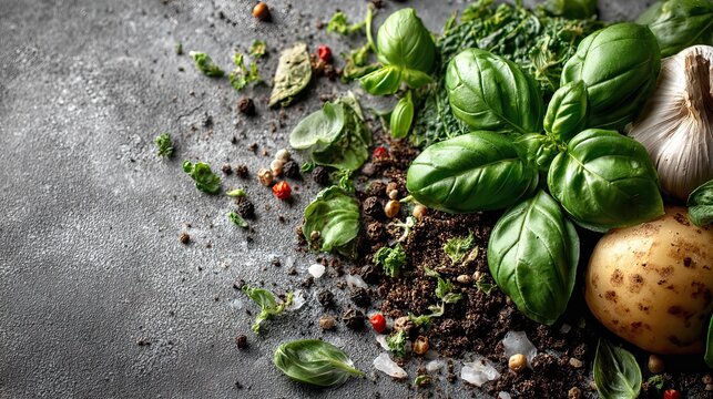 Food waste near basil leaves on gray background representing sustainable awareness, composting, and food issues - Powered by Adobe