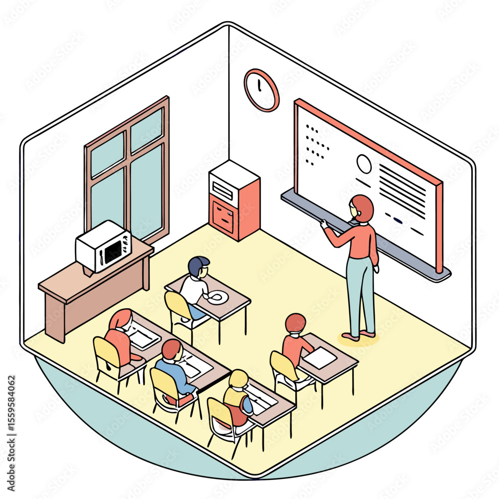 Aufkleber a teacher stands at the front of a classroom pointing to a whiteboard while students sit at their de