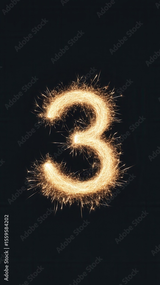 Poster light painting depicting glowing sparklers, three number sparkling with illuminating dark background