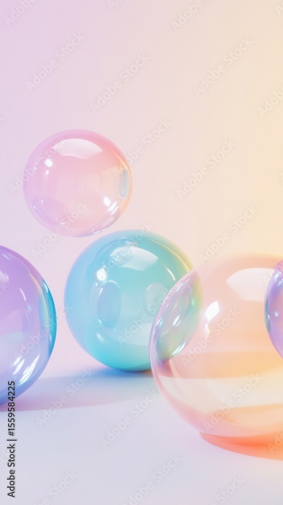 Poster soap bubbles floating against a pastel gradient background, creating a dreamy and atmosphere etherea