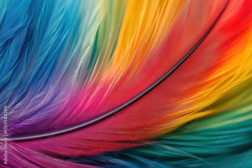 Poster vibrant feather displaying a spectrum of swirling rainbow colors in captivating patterns, vivid feat