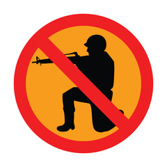 Anti war vector illustration showing soldier aiming gun with red prohibition sign symbolizing peace and protection