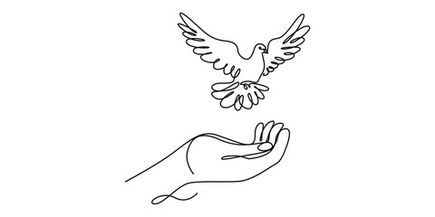 Flying dove from opened hand of One continuous line drawing. Bird symbol of peace and freedom, continuous one single line art doodle drawing of dove or pigeon flying out of child hand illustration