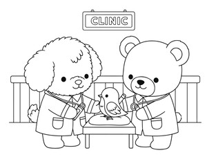 Two Adorable Animal Doctors Examining a Small Bird Patient at a Clinic