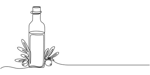 Linear vector icon of the bottle with olive oil-Continuous one line drawing, bottle with olive continuous single one line minimalist abstract illustration of a bottle accompanied by an olive
