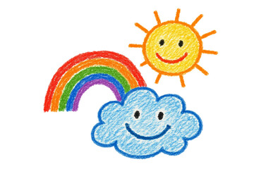 rainbow sun cloud smile illustration simple and minimalis childern drawing crayon style transparent background ai generated