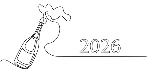 Happy New Year 2026 with a champagne bottle . One line drawing. Vector illustration continuous line drawing. Editable stroke, Happy New Year 2026 with a champagne bottle continuous one line drawing