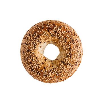 An everything bagel glistens with sesame seeds and spices on a stark transparent background, perfect for illustrating breakfast, bakery goods or culinary delights.