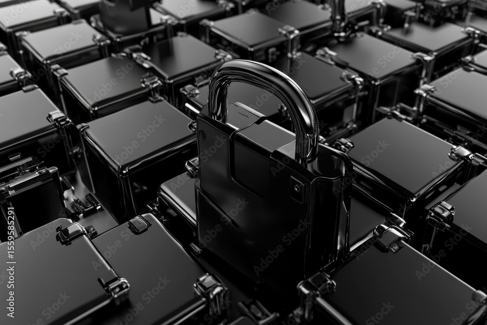 Aufkleber lock symbolizing digital data security among numerous black boxes representing information storage t