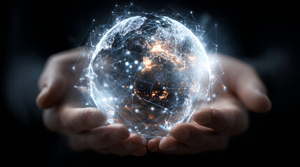 Holding Glowing Digital Globe World with Network Connections in Open Hands