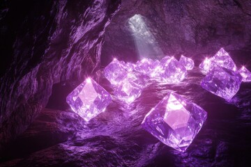 Fototapeta premium Magical diamonds illuminati hidden cave with enchanting purple glow, Magical Diamonds In Cave Fantasy Scene