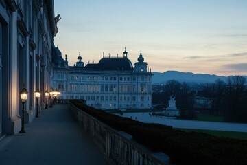 Fototapeta premium Time Lapse captures beautiful evening at Upper Belvedere Palace with soft twilight glow, Timelapse of Upper Belvedere Palace in the evening