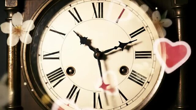 Antique clock with Roman numerals showing the time is almost twelve o'clock, decorated with white flowers and pink hearts