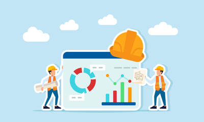 Two engineers holding paperwork discussing near an application interface with project helmets showing data charts and diagrams illustration of monitoring project progress