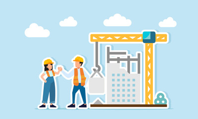 Male and female engineers shaking hands near a building construction project illustration of agreement on using a vendor in the building development project