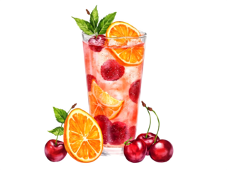 Watercolor illustration done by hand, showcasing a fresh summer cocktail with cherry and orange. It's isolated on a clean white background