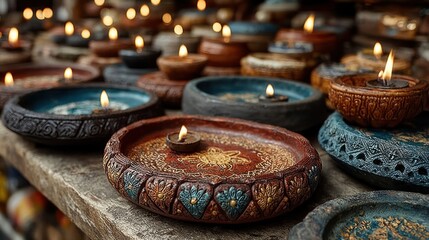 Clay dishes with candles inside used for lighting during festival