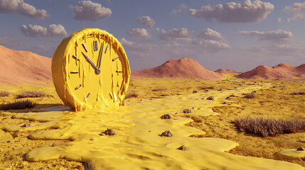 Melting Yellow Clock in Desert Landscape