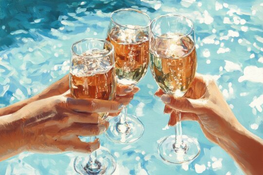 Friends celebrating at pool party with glasses raised under bright sun, Friends toasting at pool party