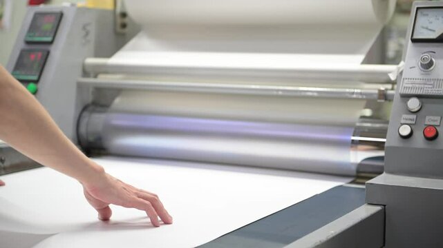 An industrial laminator works by laminating, applying a transparent film to paper in the production room of a printing house