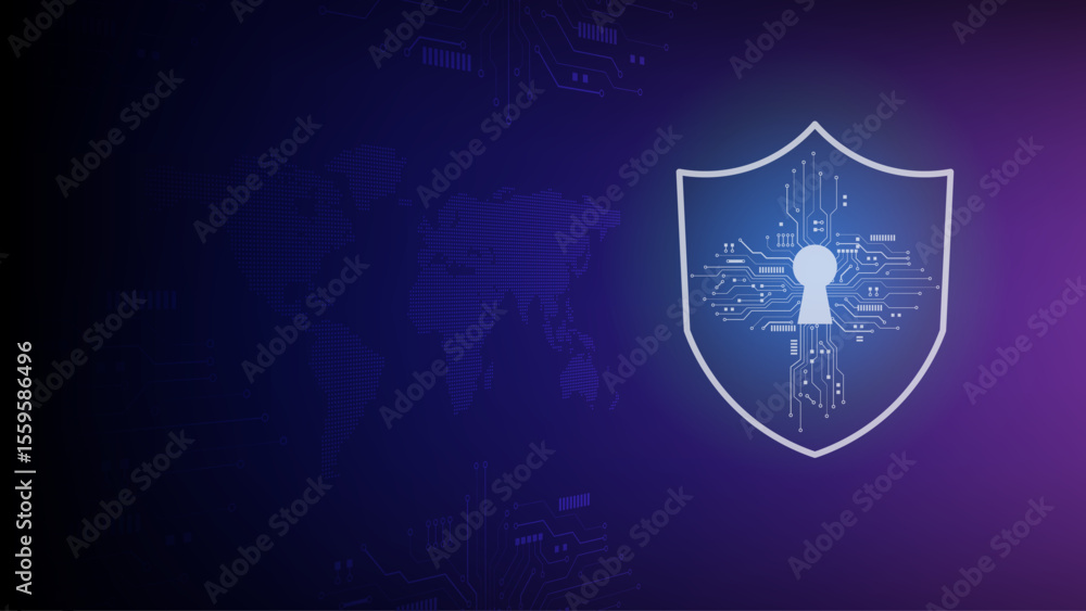 Poster digital shield security symbol with keyhole on purple technology background