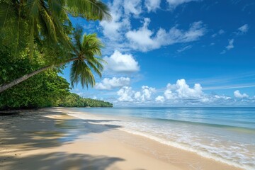 Sunny day at tropical beach with clear blue sky and palm trees along the coast, Sunny day on beach of tropical sea shore