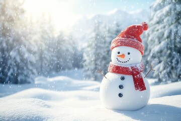 Obraz premium Winter wonderland featuring a cheerful snowman in a snowy landscape with a bright sun, snowman in snow landscape at winter Photoing seamless background