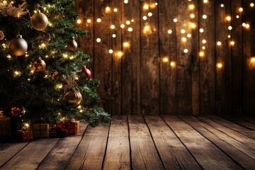 Holiday tree adorned with decorations and glowing lights against a rustic wooden backdrop, Christmas light background Holiday glowing backdrop