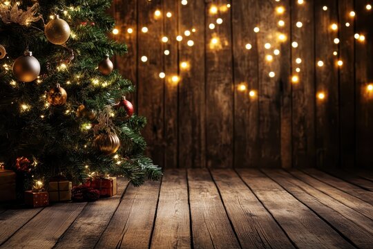 Holiday tree adorned with decorations and glowing lights against a rustic wooden backdrop, Christmas light background Holiday glowing backdrop