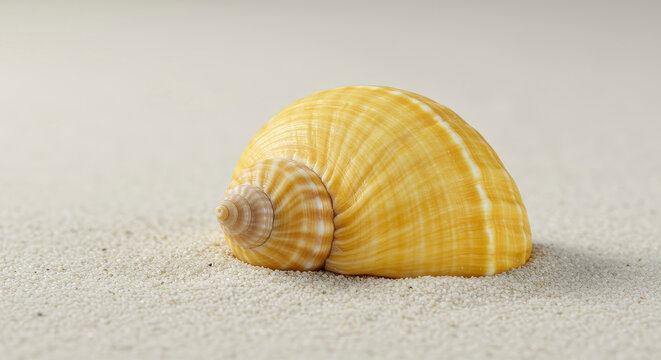 Close Up Shot Of A Yellow Seashell Resting On A White Sandy Beach
