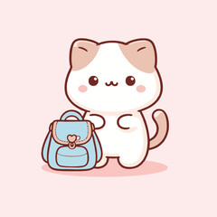 A cartoon kitten stands beside a light blue backpack on a soft pink backdrop