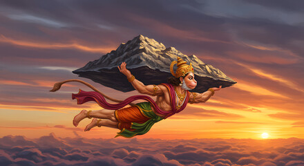 A vibrant depiction of Hanuman, the Hindu deity, carrying a mountain through the sky at sunset.