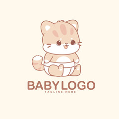 A cartoon kitten sits wearing a diaper above the text BABY LOGO and TAGLINE HERE