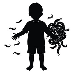 A sweet moment shows two worms embracing warmly under a boy’s coat, their tiny arms wrapped around each other, sharing cozy love hidden from the world above.
