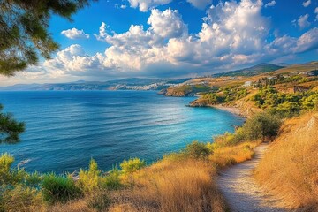 Fototapeta premium Scenic view of the Athens Riviera with clear blue waters and lush hills on a sunny day, Athens Riviera, Greece picturesque sea view off the coast of Porto Rafti