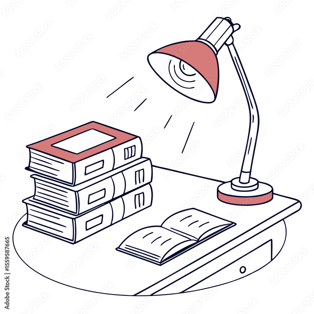 Poster a simple line drawing illustration of a desk with a stack of three books and an open book illuminate
