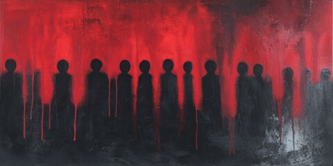 Silhouettes of a crowd in a red and black ominous abstract painting, mystery concept