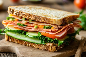 Fresh sandwich with ham and vegetables served on a wooden board with natural lighting, sandwich au jambon et cruditÃ©s, en gros plan