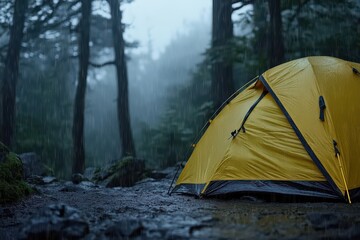 Yellow camp tent stands resilient in the rain during forest adventure trip on a gray, cloudy day, yellow camp tent on forest rainy day, adventure concept Photo background