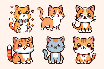Six cute cartoon cats with big eyes are arranged in two rows on a light beige background