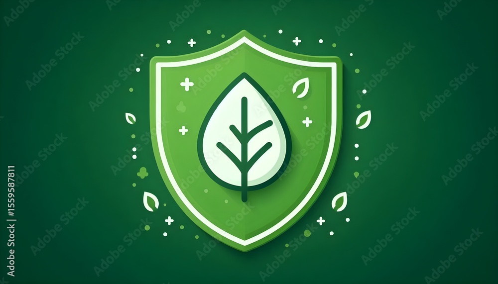 Poster green shield icon with centered leaf symbol designed in minimal eco-style representing clean protect