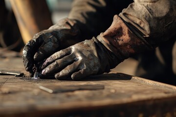 Skilled metalworker repairing equipment in an industrial workshop during the day, Metalwork manufacturing and construction maintenance service, welding, closeup on hands