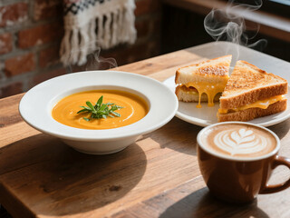 A steaming bowl of pumpkin soup, a gooey grilled cheese sandwich, and a latte with art sit on a wooden table, evoking a cozy autumn cafe atmosphere.

