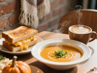 A steaming bowl of pumpkin soup, a gooey grilled cheese sandwich, and a latte with art sit on a wooden table, evoking a cozy autumn cafe atmosphere.
