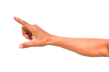 Close-up of an arm and hand with the index finger pointing out against a white background