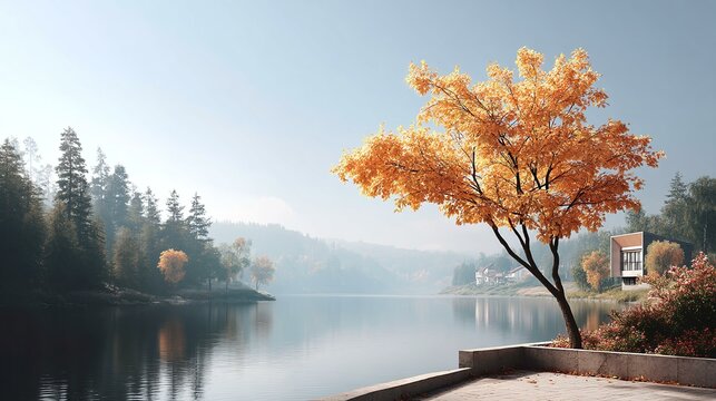 Autumn Lake Scenery with Golden Trees - Powered by Adobe