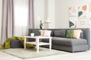 Cozy sofa with coffee table and green plaid in living room